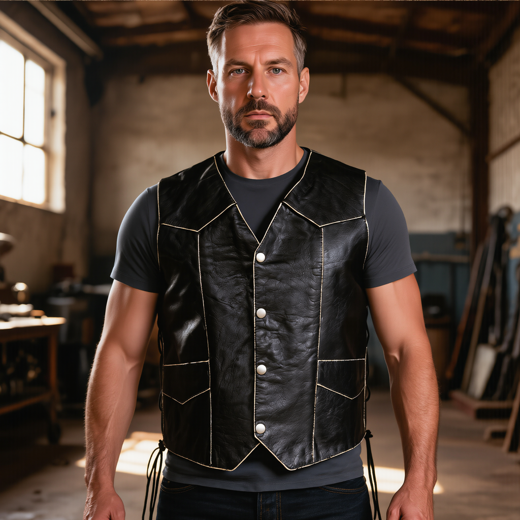 Leather Vest for Men Biker Style Design with Skull Patch