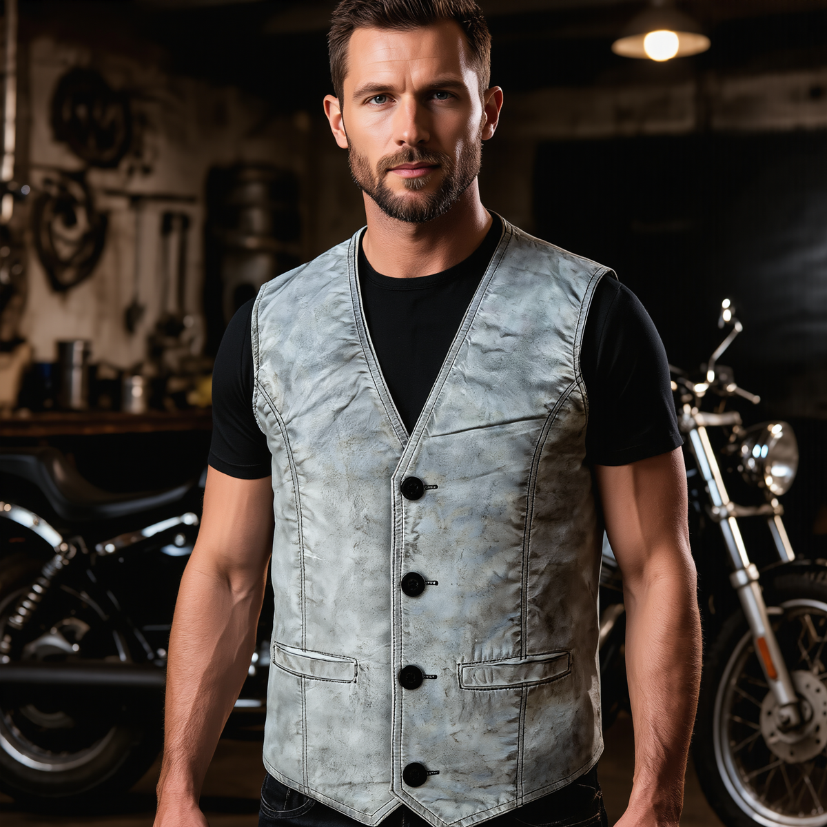 Mens Biker Vest in Classic Soft Leather and Suede Styles