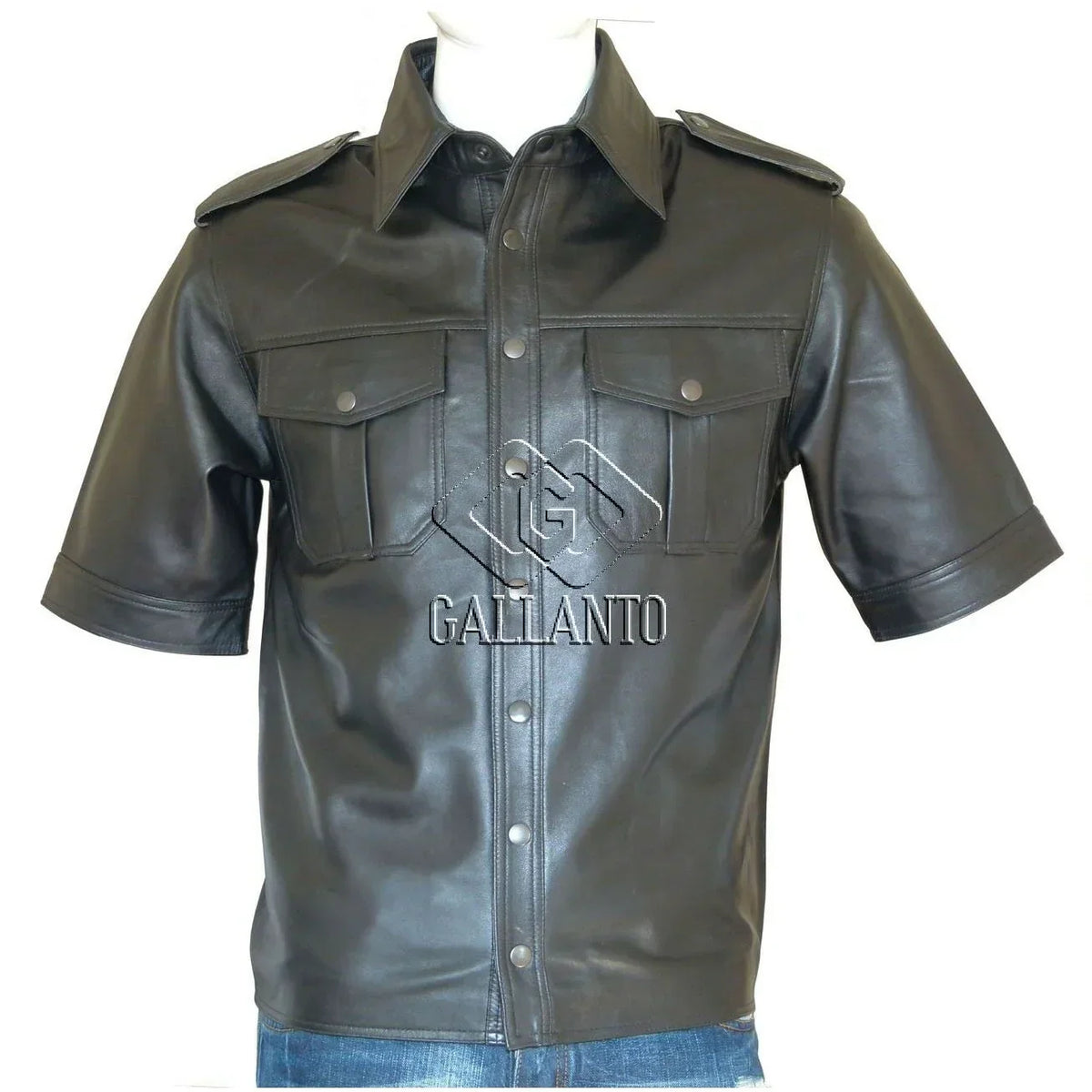 Men's Half Sleeve Leather Shirt with Snap Button Front Closure