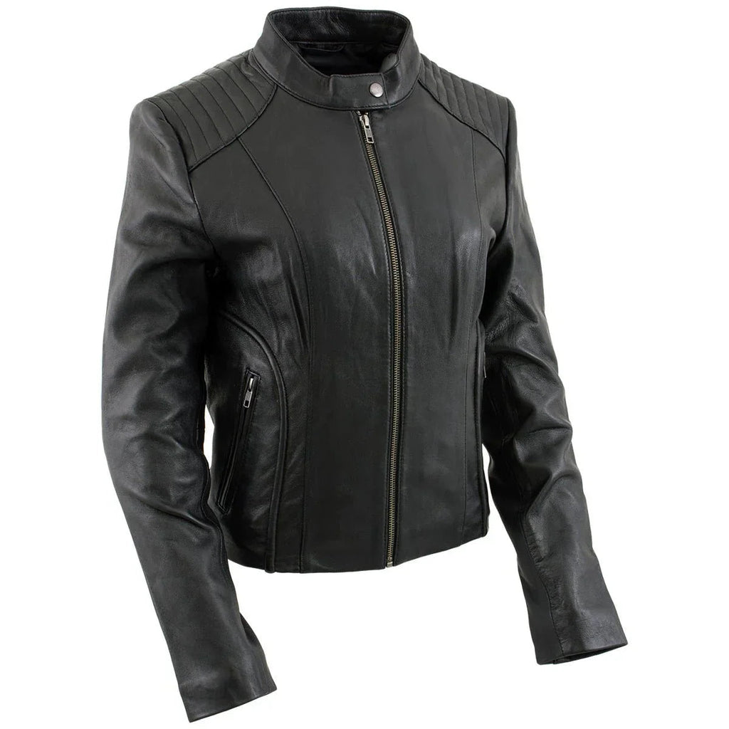 Women's Black Leather Scuba Style Jacket with Snap Mandarin Collar -
