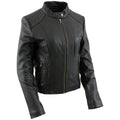 Women's Black Leather Scuba Style Jacket with Snap Mandarin Collar -